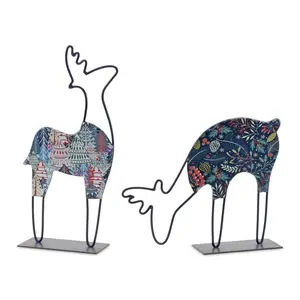 Melrose 86856DS Iron Christmas Novelty Deer Decoration Set - 9.75x8 in. & 6x12 in., Blue & Multicolor, Print Ornaments, 1.38 lbs - Festive Home Decor