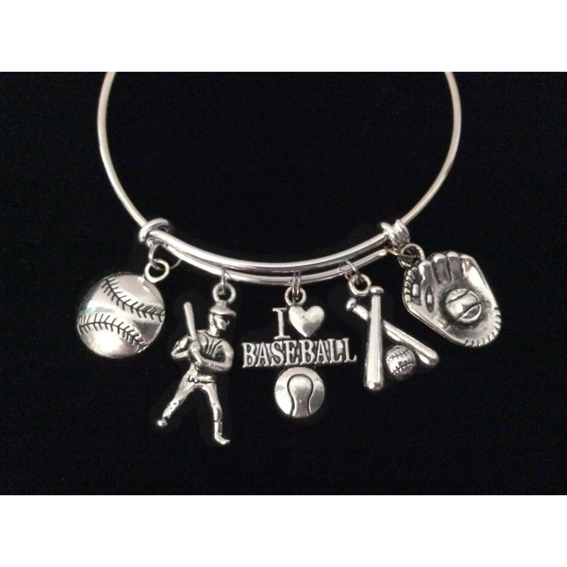 I Love Baseball Expandable Charm Bracelet Silver Adjustable Bangle Sports Team Gift Baseball Mitt Baseball Player