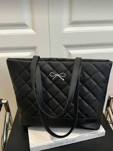 Large Capacity Diamond Pattern Solid Color Bow Handbag, Casual Simple Fashion Tote Bag, Quilted Work Bags, 2026 New Women's Stylish Bow Wallet