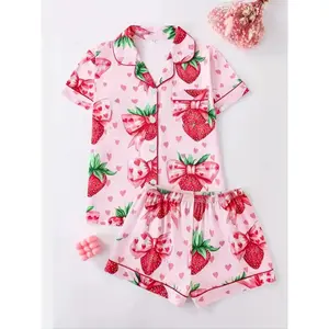 Women's Two-Piece Pajama Set, Casual Comfortable Short Sleeve Shirt & Elastic Waist Shorts, All-Over Strawberry Print Sleepwear