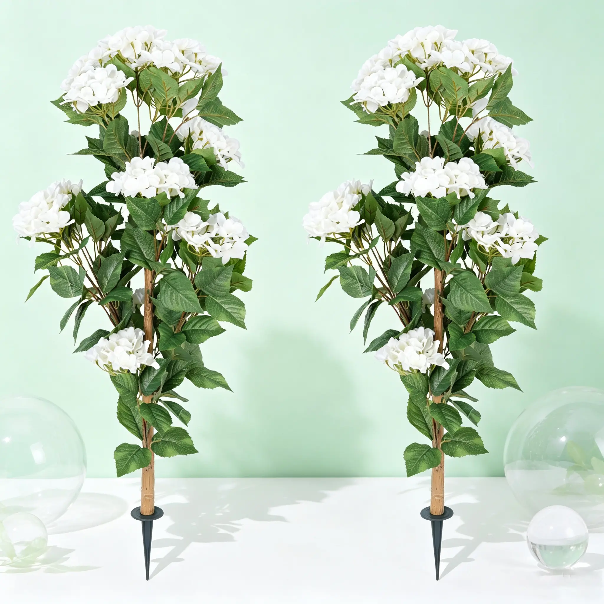 2 Pack Artificial White Hydrangea Flowers Stake, Faux Hydrangea Bushes with Ground Spike, UV Resistant Fake Floral Stems for Outdoor Garden Yard Patio Lawn Decor