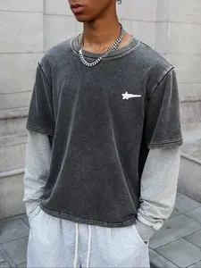 Men's Simple Round Neck Sweatshirt, Chest Graphic Patchwork Design, Short Style Two-Piece Set, Block, Daily Wear