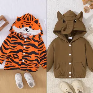 Ready Stock 6m-3y Boys Cute Tiger Print Hooded Coat with Button-Front Closure and Pockets 12407138