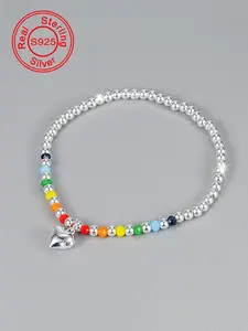 S925 Sterling Silver Cute Heart Charm Decor Beaded Bracelet, Fashionable Jewelry for Women & Girls, Trendy All-match & Exquisite Jewelry for Birthday Gift, Pretty Bracelet