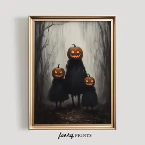 Halloween Wall Art, Spooky Decor, Dark Moody Halloween Art, Pumpkin Head Family Print, Room Decor, Unframed 5 size, 8x12 to 27x40 inch