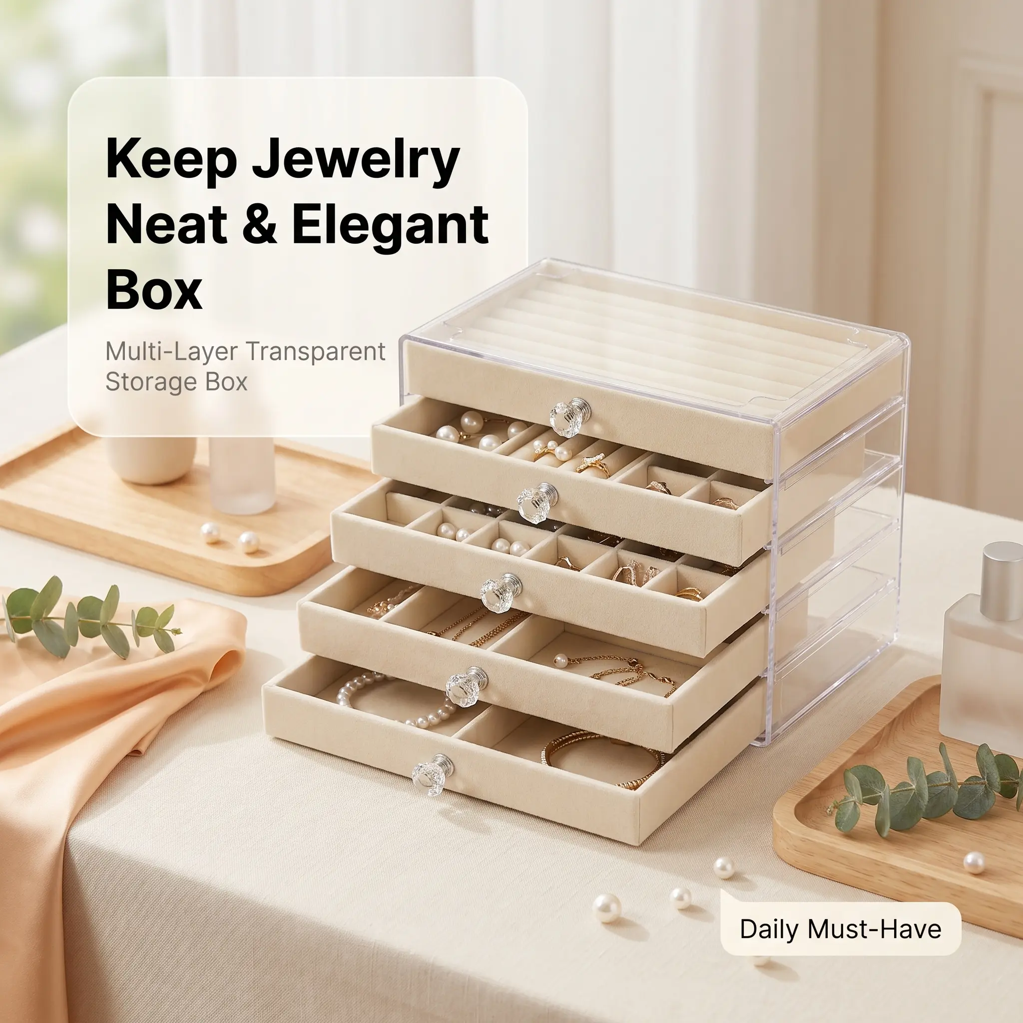 Transparent 5-Layer PET Shell Jewelry Compartment Container - Density Board Frame, Soft Velvet Lining, Large Capacity Drawer Organizer for Dresser Organization, Ideal Gift for Teen Girls