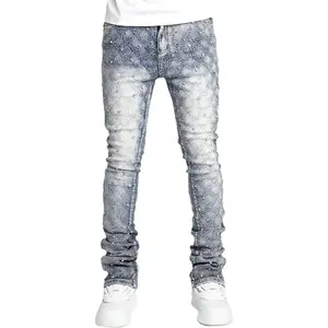 Mens Rhinestone Skinny Stacked Straight Leg Jeans, Slim Fit Denim Pants for Casual & Hip Hop Vintage Grunge Style Menswear Streetwear