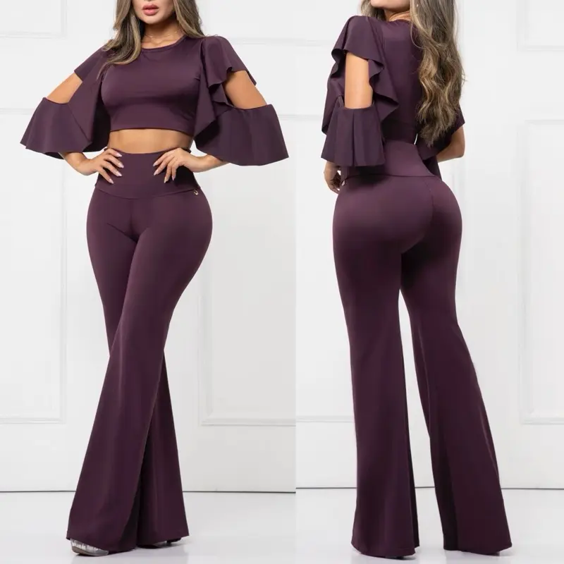 Set Color Wine - Women's Plum Two-Piece Outfit with Ruffled Sleeves and Flared Pants Fabric Womenswear Clothes Elegance Everyday Style Suits Basic Minimalist Short