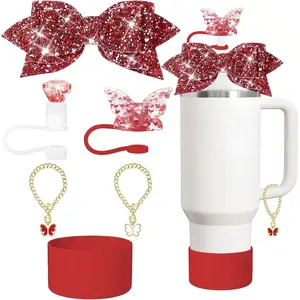 Stanley Cup Accessories Set, Bow and Diamond Glitter Straw Cover Toppers for Stanley Cup 30/40oz Tumble, Metal Butterfly Chain, Silicone Red Stanley Cup Boot (Red) Bottle Drinkware