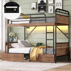 Twin XL Over Metal Bunk Bed, Detachable Metal Bunk Bed with LED Light and Charge Station, with Two Storage Drawers,Easy to Assemble，Black