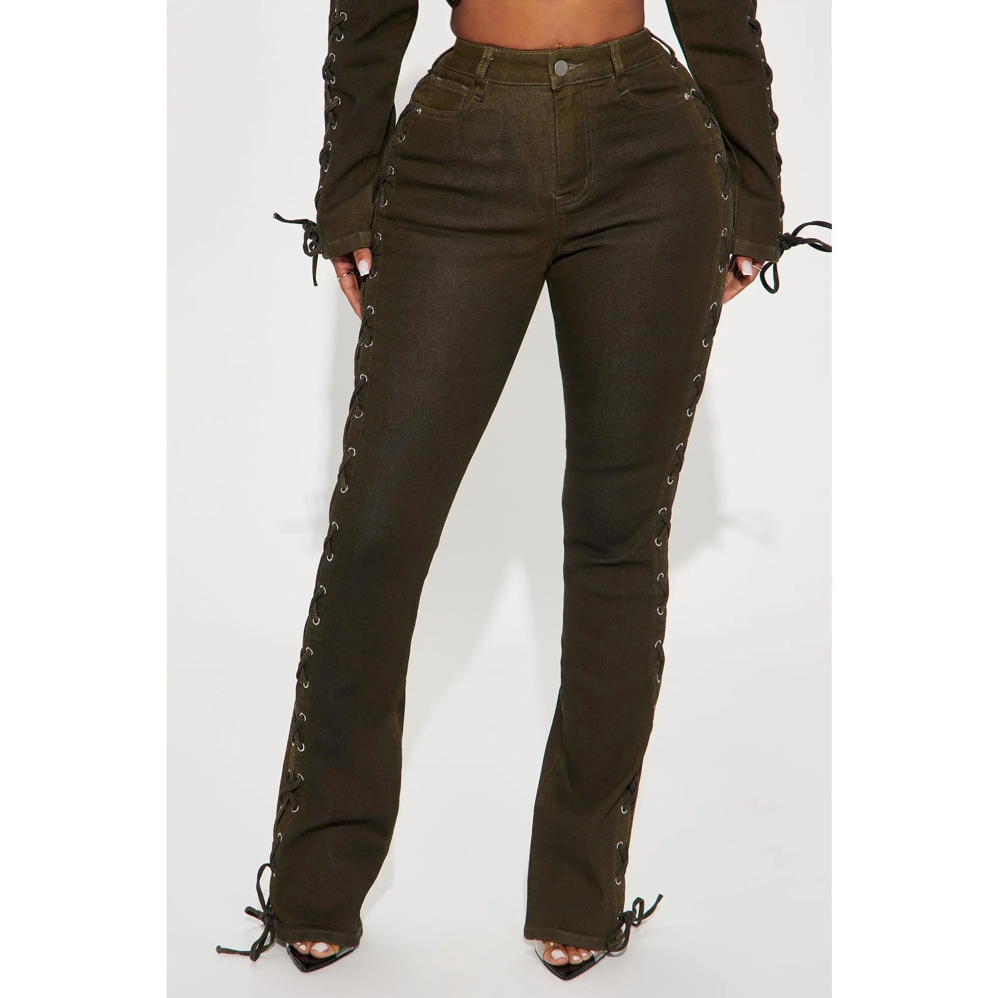 Take Notes Lace Up Stretch Bootcut Jeans - Olive Take Notes Lace Up Stretch Bootcut Jeans - Olive