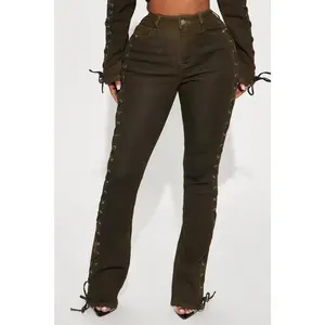 Take Notes Lace Up Stretch Bootcut Jeans - Olive