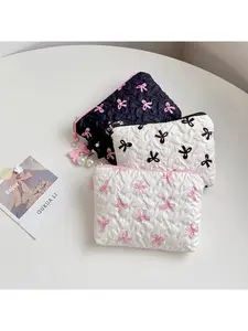 1pcs Cute Ruffled Square Makeup Bag with Bow Mini Lipstick Pouch Bow Pendant Zipper Design Portable Storage for Small Items Daily Travel Gift for Women Mother's Day Valentine's Day