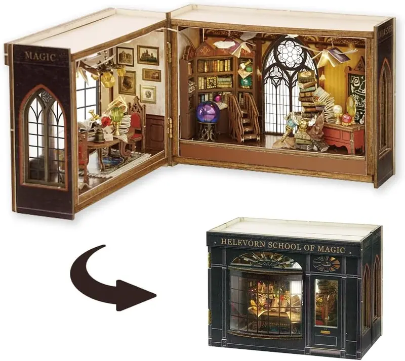Cottage (Magic Quest) Mini Dollhouse Set with Furniture Open/Close Mini Cube Wooden Christmas Dollhouse Bookshelf, Creative Space for Children, Teens & Adults, Back-to-School, Harvest Festival, Halloween, Christmas, New Year, Valentine's Day, Easter Gift