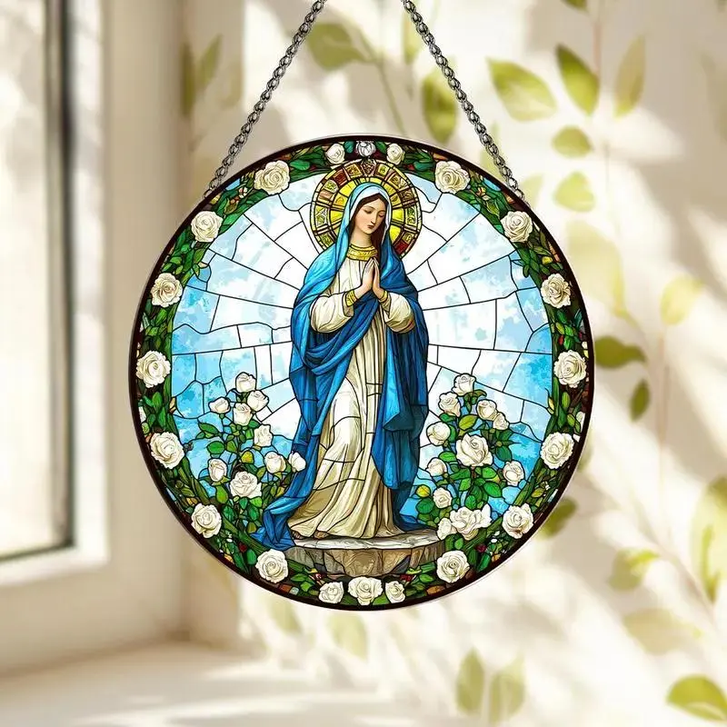 Round Virgin Mary Stained Glass Suncatcher with Roses - Catholic Religious Light-Up Christmas Wall & Window Hanging Decor, Chain-Included Spiritual Ornament, Decoration