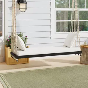 Outdoor Swing Chair, Heavy Duty Patio Hanging Bench with Cushion & Pillows, Weather Resistant Acacia Wood for Garden Porch Backyard, Black+White