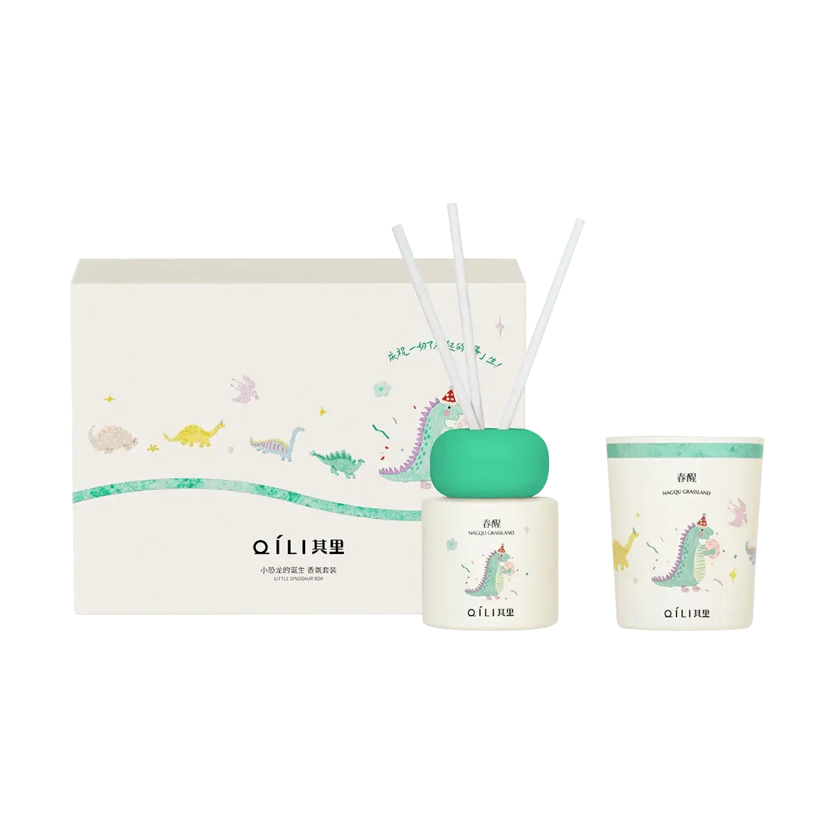 OILI QILI Dinosaur Birth Scented Candle Gift Set - "Spring Awakening" Aromatherapy Candle & Diffuser Set for Women, Home Fragrance Gift Box, 70g Candle + 50ml Diffuser