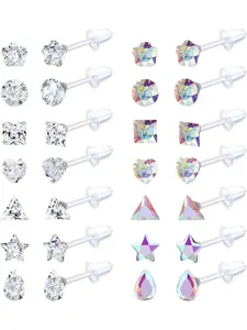 14Pairs Clear Plastic Earrings Stud Earrings for Women Rhinestone Acrylic Stud Earrings Clear Piercing Retainer for Sport Work