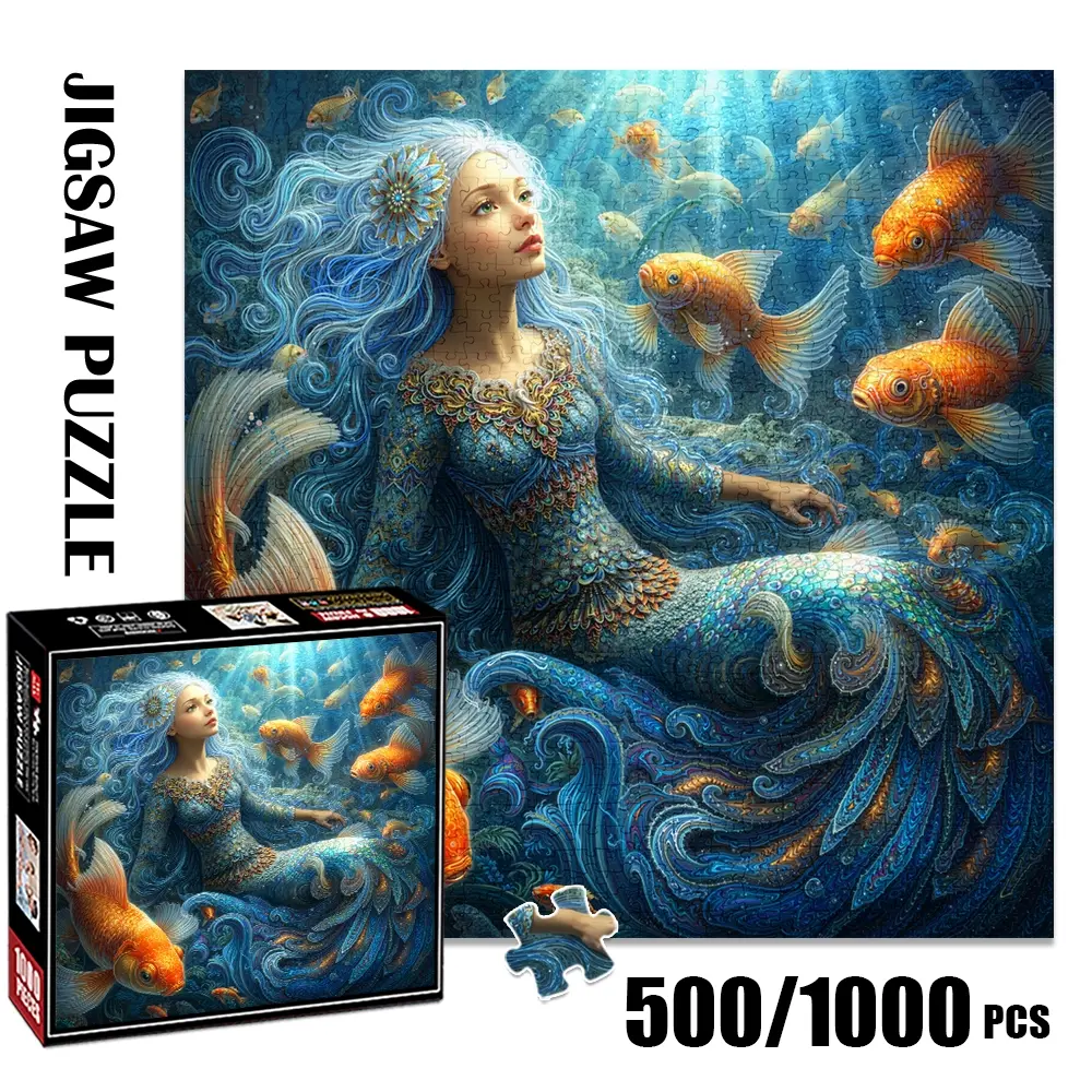 1pc 1000 piece adult puzzle 58x58cm Mermaid with Ornate Dress Surrounded by Goldfish 500 pieces of paper puzzle, suitable for adults and families, large-scale DIY puzzle interactive toy games, birt