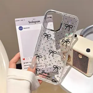 Minimalist Black Bow Sparkling Diamond Phone Case with Soft Border and Hard Back for iPhone 17 16 15 14 13 12 Pro Max Plus