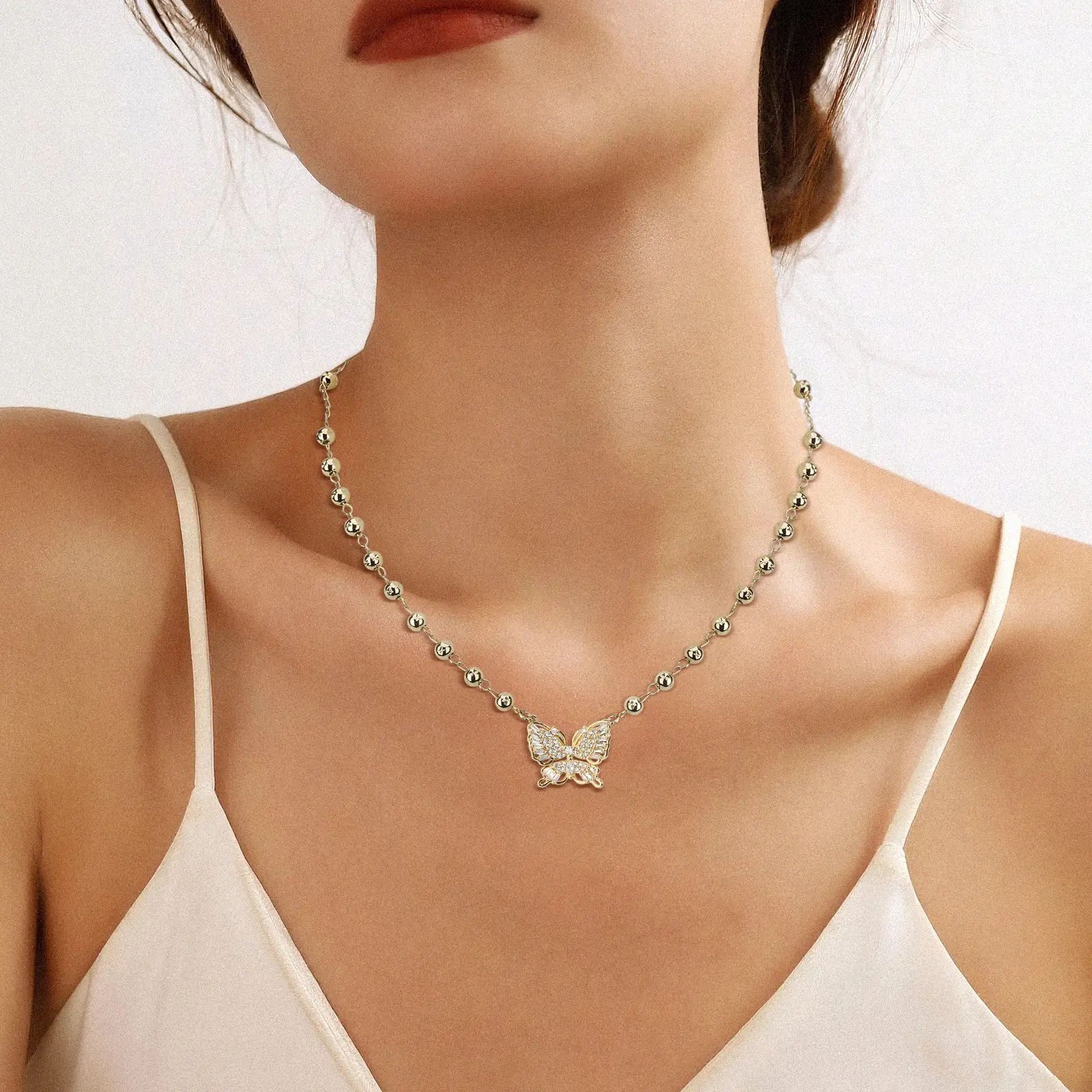 MEIITRUE 14K Gold Plated Butterfly Pendant Necklace for Women, Tri-Color Bead Rhinestone Necklace for Daily Party, Trendy Jewelry Gift