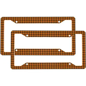 2 Pcs Car License Plate Frames for Women Men - 4 Holes Solid Aluminum Black and Orange Houndstooth License Plate Cover for Car Accessories for Women Men with Fasteners and Screws ﻿