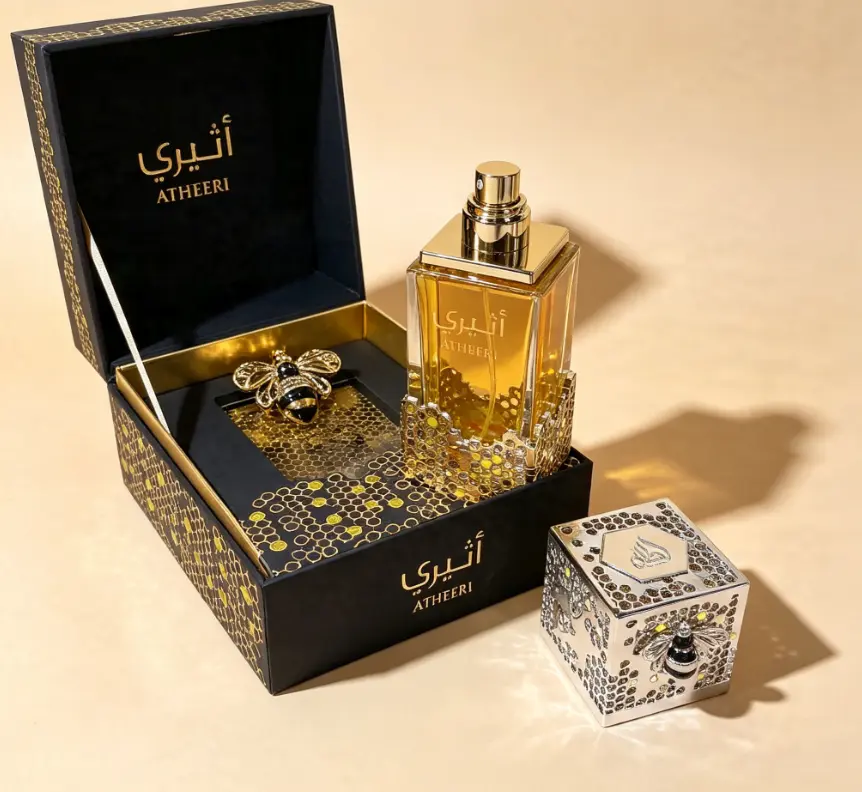 Lattafa Atheeri 100ml Unisex Arabian Eau de Parfum, Hollow Honeycomb Silver Gold Square Bottle Sweet Honey Fig Oud Perfume, 10–14 Hour Long Lasting Warm Scent With Black Gold Honeycomb Window Gift Box For Fall Winter Party Daily