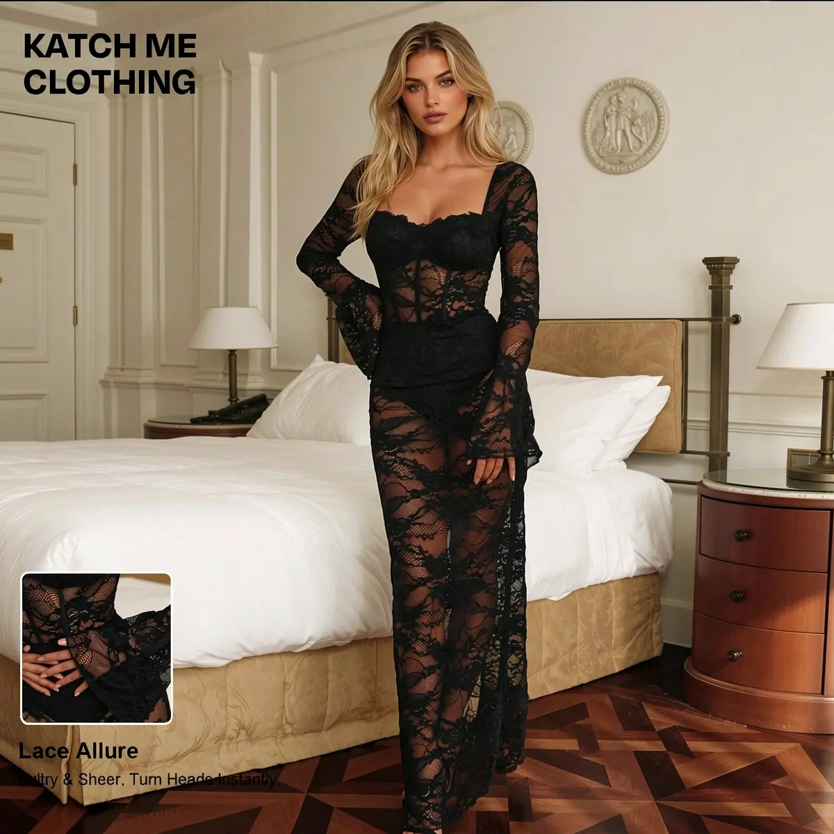 KATCH ME Women's Elegant Floral Lace Long Sleeve Maxi Dress - Ultra-Lightweight Breathable Polyester Elastane, Sheer Bell Sleeves, Back Split, Fit & Flare, for Casual Day Wear, Cold Wash