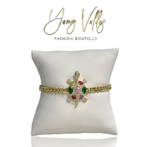 Cuban Link Bracelet with Turtle Design, multicolor Zircon, Gold-Tone Finish, Unique Chain Link Pattern, 7 Inch Plus One Inch Extension. (It is not real gold)