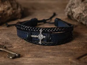 Navy Leather Cross Bracelet for Men, Adjustable Catholic Crucifix Bracelet, Black Brown Braided Cord Bracelet, Christian Gift for Him