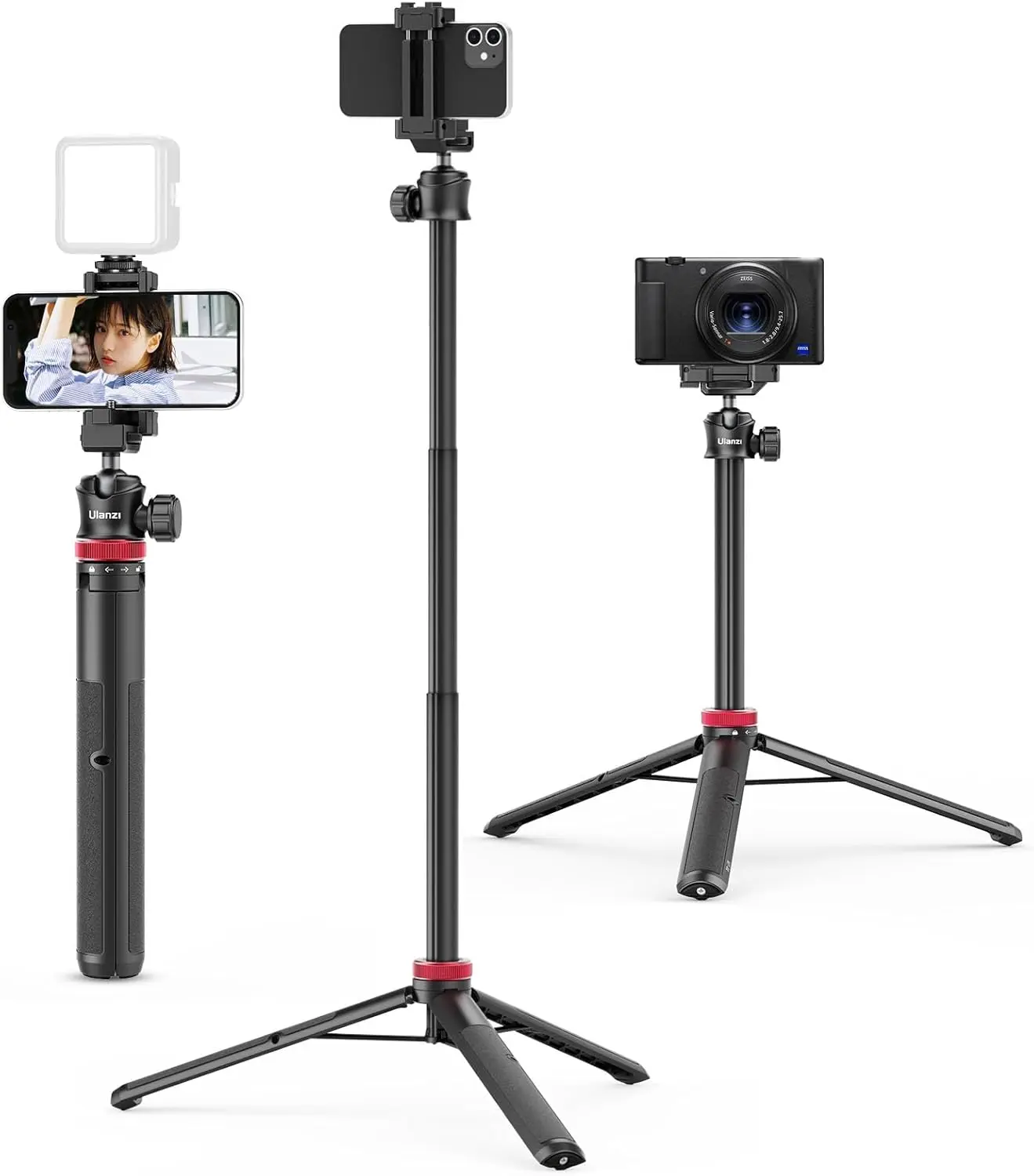 ULANZI MT-44 Extendable Phone Tripod, 59" Selfie Stick Vlog Stand with 2 in 1 Phone Clip, 360° Ball Head Camera Tripod for iPhone Sony DJI Osmo Nano Action Camera, Lightweight for Travel