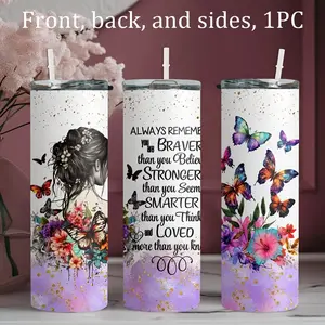 1pc 20oz stainless steel water bottle, printed with a dreamy butterfly girl inspirational quote design straw cup, suitable for fitness, travel, driving, daily use at home, a gift for family and friends