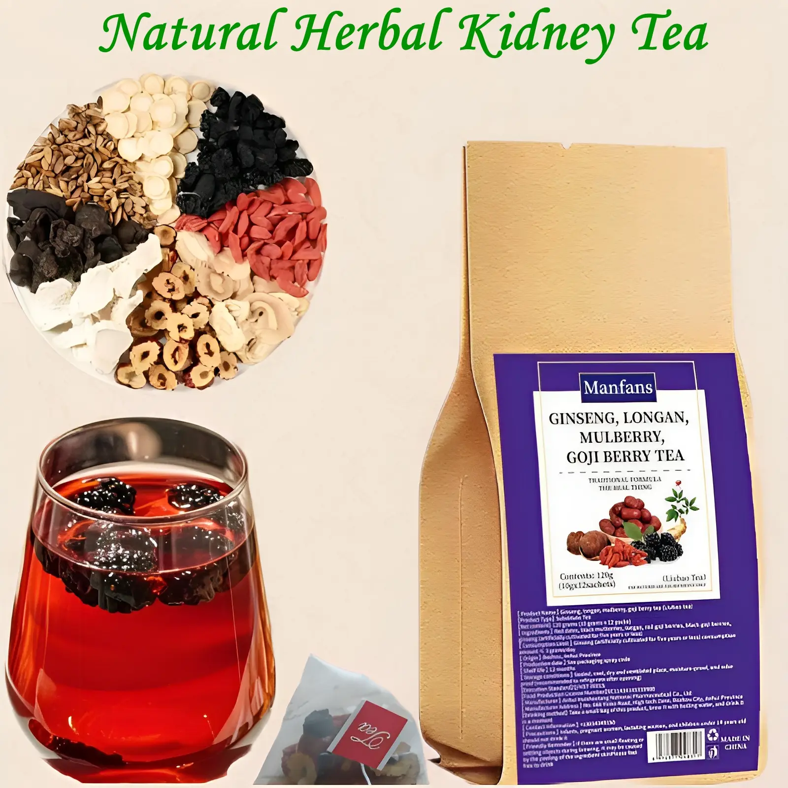 Ginseng six treasures tea, organic kidney cleansing tea, traditional men and women healthy kidney cleansing tea (12 small bags) kidney tea formula gin