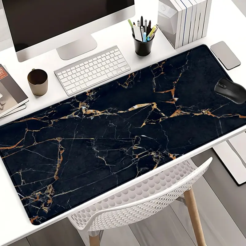 Black Golden Marble Mouse Pads Extra Large Computer Desk Top Mat, Non - Slip Rubber Base & Stitched Edge, Luxurious Stone Texture for Home and Office, Corporate Work Desk Accessories