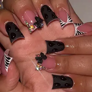 30Pcs Black Duck Press on Nails Short French Tip Fake Nails with Colour Glitter Design Cute Bow False Nails Full Cover Artificial Glue on Nails Nude Stick on Nails for Women Manicure Decorations Tips
