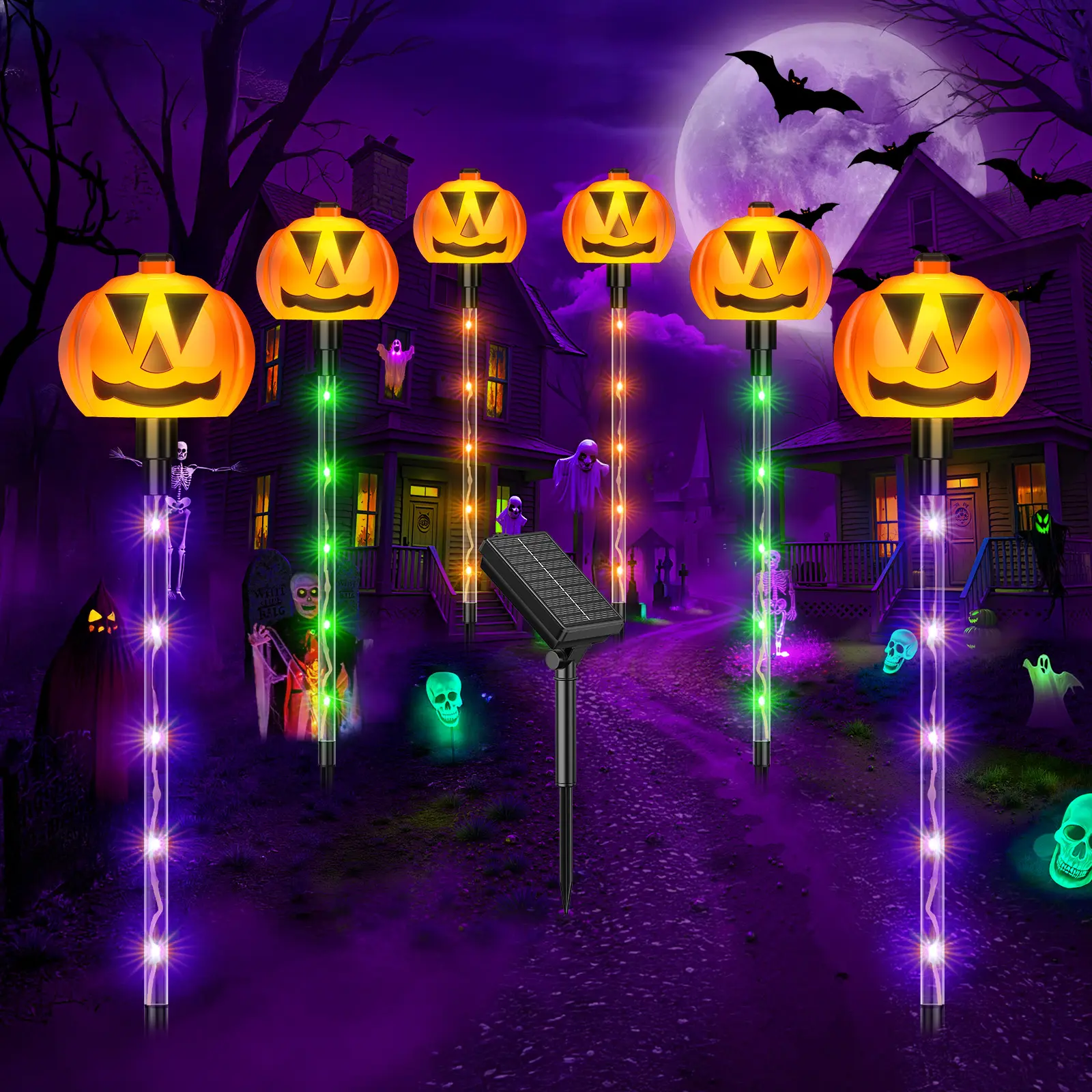 KOOPER 2026 Upgraded Waterproof Solar Pumpkin Outdoor Stake Lights, 8-Mode Colorful LED, 800mAh, Spooky Glow Fall & Halloween Yard Path Decor