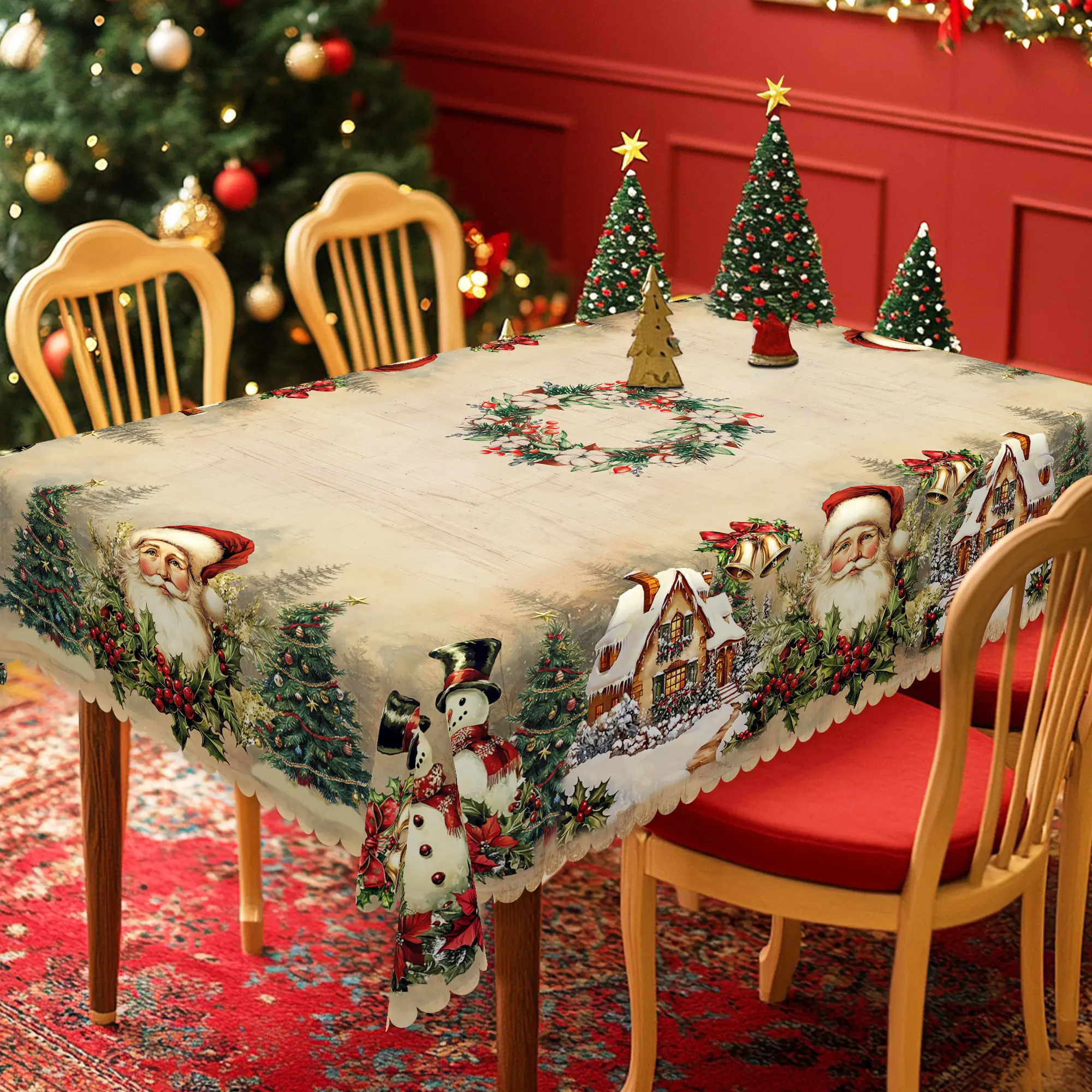 PLUMLIK Christmas Tablecloth with Santa Claus,Snowy Cabin, Snowman, Christmas Tree, Christmas Decor 2025, Christmas Party Decoration for Home Indoor Outdoor, Vintage Round Rectangular Table Cloth, Holiday Kitchen Festive Decor, Christmas Gifts