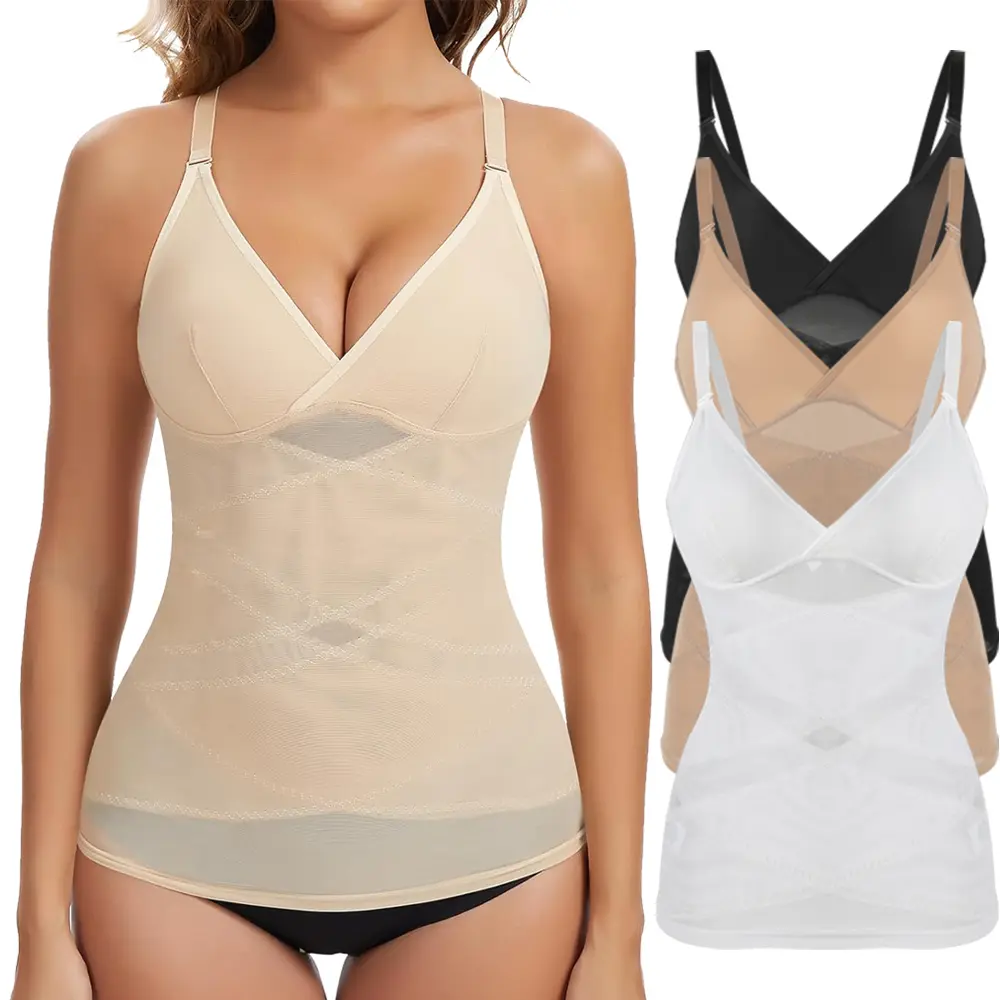 Women's Tummy Control Shapewear Camisole, V-Neck Spaghetti Strap Tank Top with Built-in Bra, Lightweight Nylon for Work, Party, Wedding, up to 3XL