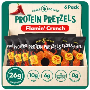 Crisp Power Protein Pretzels, NEW Flamin’ Crunch , High Protein Snack, 26G Protein, Low Carb Crunchy Pretzel Snacks, No Added Sugar, 1.75 oz Bags, 6 Pack, Vegan, Plant-Based, Keto
