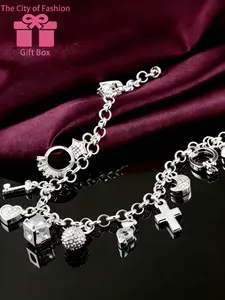 Silver Color Heart Key Pendant Bracelet, Elegant Jewelry, 13 Pendants, Bohemian Style, Shiny and Delicate, Women's Accessory, Gift for Wife or Girlfriend, Charm Bracelet