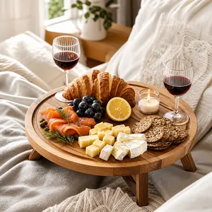 Foldable Handmade Wooden Picnic Table - Portable Outdoor Kitchen Serving Station with Built-in Cup Holders, Cheese Board & Fruit Tray, Compact Folding Camping BBQ Side Table for Grilling, Beach & Road Trips