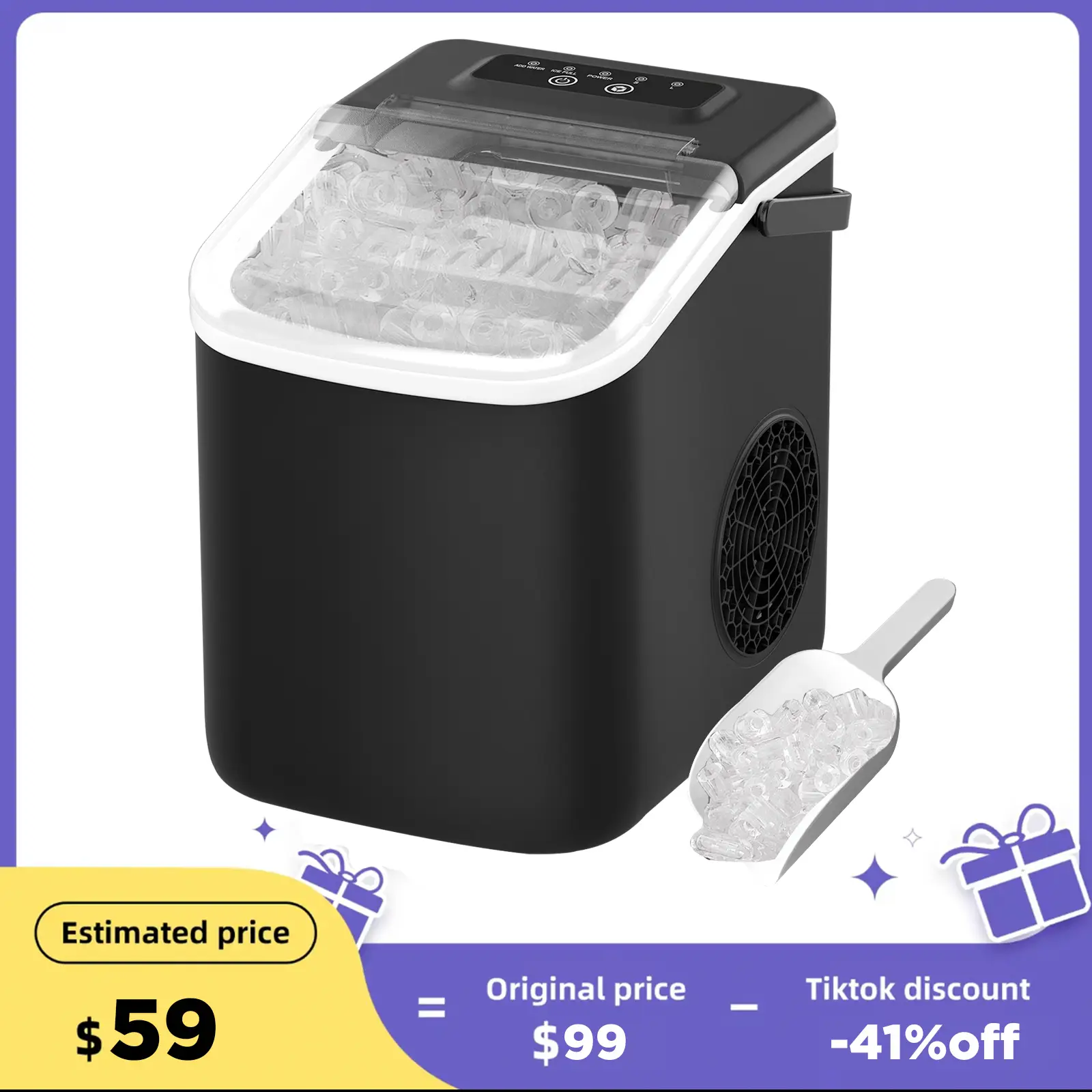 Ice Maker Countertop,9 Cubes Ready in 7 Mins,20lbs in 24Hrs,2 Sizes of Bullet Ice,Self-Cleaning Ice Machine with Ice Scoop and Basket for Home Kitchen