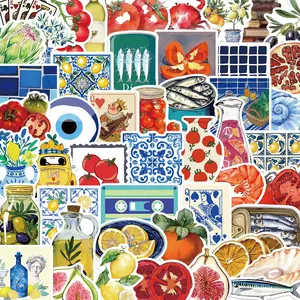 50 Cartoon Mediterranean Tomato Food Stickers, DIY Waterproof Decals for Guitar Notebook Luggage, Flat Sticker Type, Self Adhesive Stickers, No Ca Prop 65 Warning