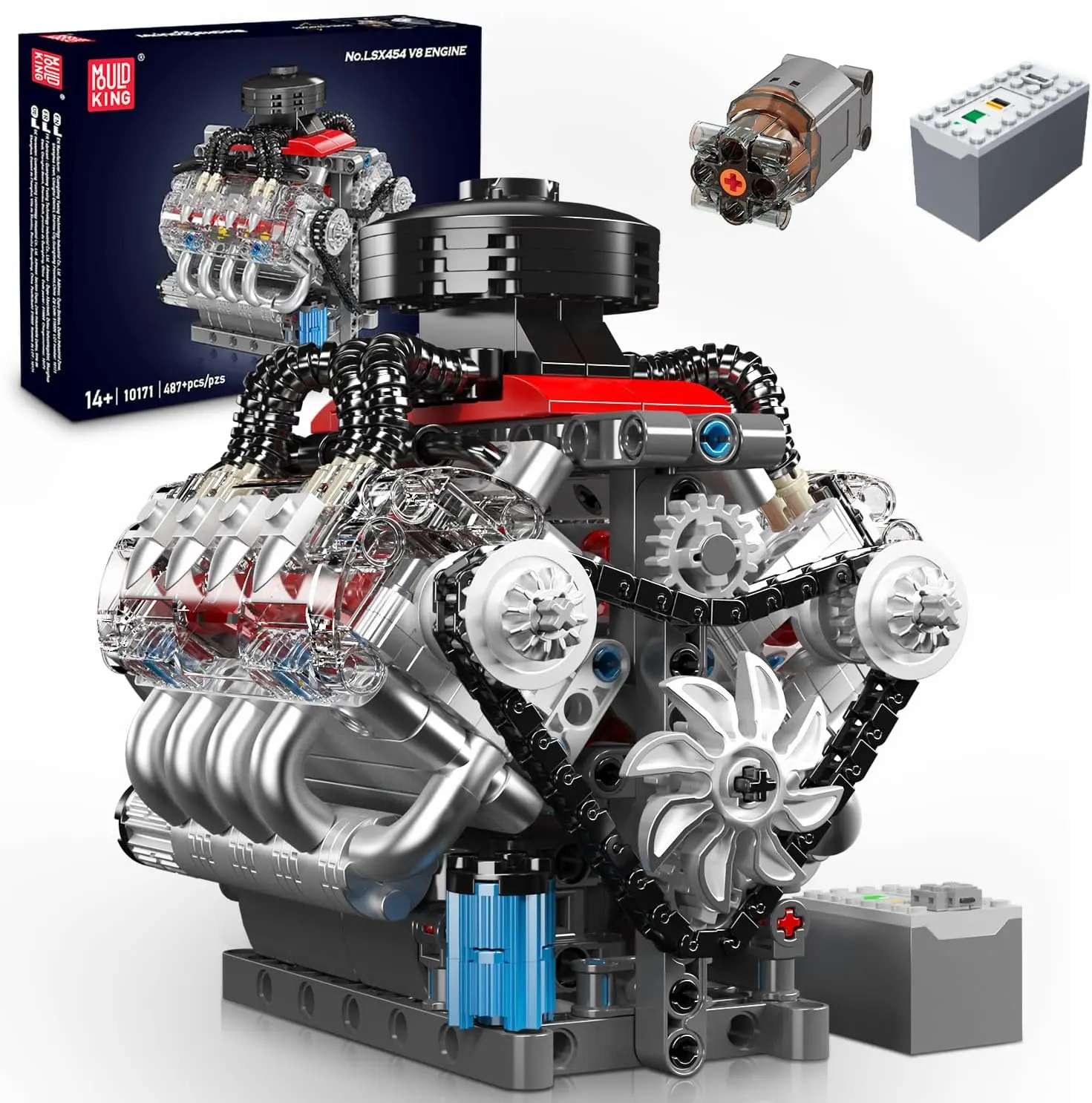Mould King 10171 V8 Engine Motor Building Block Sets, 487+ PCS Building Toys with Motor, Mechanical Modelers Engine Building Kits That Runs for Kids & Adult Age 8+ Collectible Hobby Stem