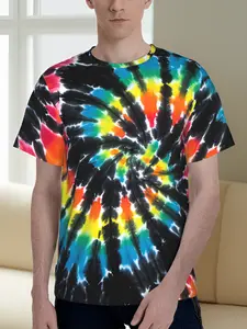 3D Digital Tie-Dye Spiral Pattern Print T-shirt, Vibrant Psychedelic Rainbow Feather Graphic Tee, Retro Bohemian Short Sleeve Casual Pullover Tops, Summer Outdoor Streetwear Clothing