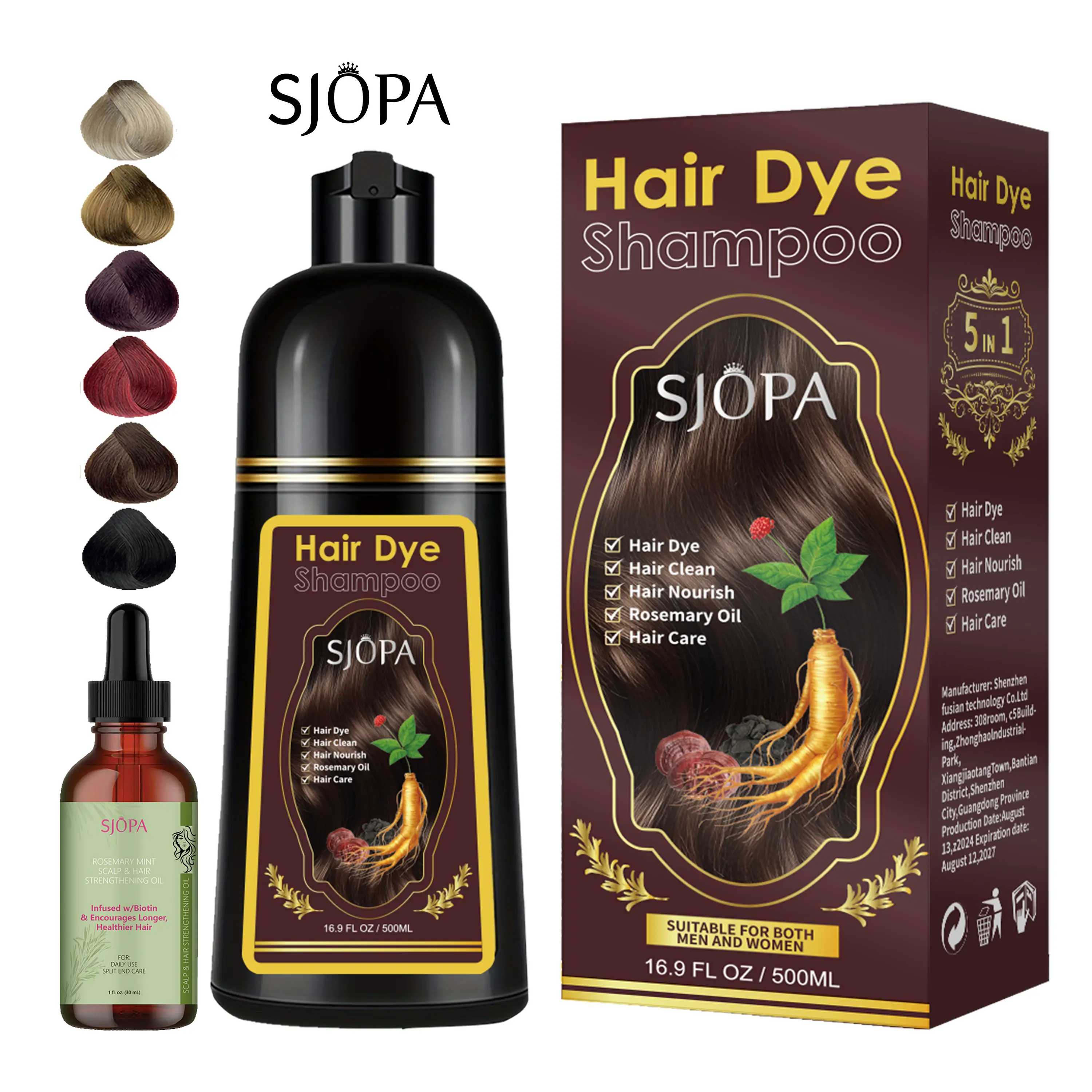 SJOPA 5-in-1 Hair Dye Shampoo - Can cover gray hair, contains herbal ingredients, contains ginseng extract, natural hair dye, black hair dye