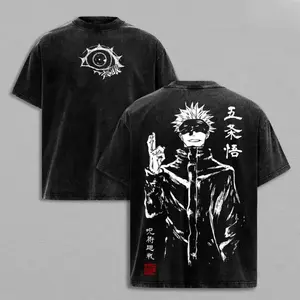 Gojo Satoru Washed Tee Jujutsu Kaisen Shibuya Incident Culling Game Vintage Oversized Heavy Cotton Double Sided Print Unisex Anime Streetwear Casual Top For Sorcerer Fans
