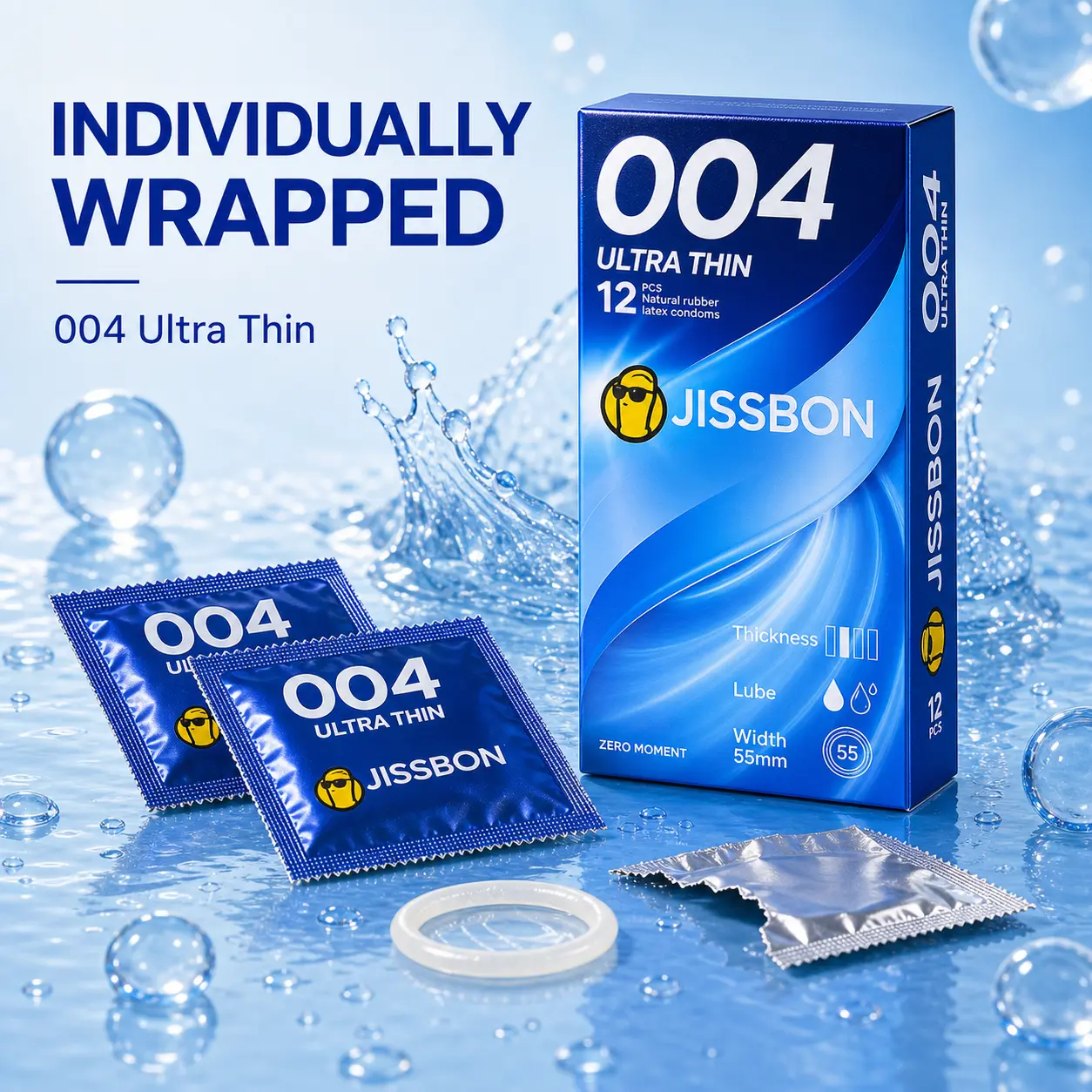 JISSBON Large Fit Ultra Thin Condoms, Smooth Lubricated Latex Condoms for Comfortable Wear, Reservoir Tip Condoms for Men, 12 Count