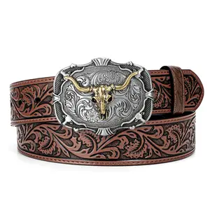 Cowboy Cowgirl Leather Buckle  for Men Women Western Leather  for Jeans Business  UniGender All Year Round Western Longhorn Skull Buckle , Tooled Embossed Leather coral belt