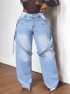 American Style Punk Workwear Jeans with Tie Details, High-Waisted Gradual Wash Design, Loose Fit Long Pants for All Seasons